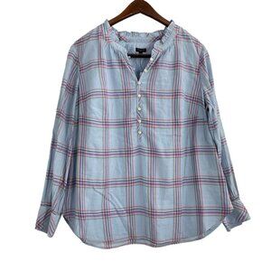 NWT Talbots Blue Plaid Ruffle Neck Popover Blouse Womens Plus Size X Lightweight
